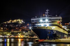 BLUE STAR MYCONOS anchored at Kavala Port